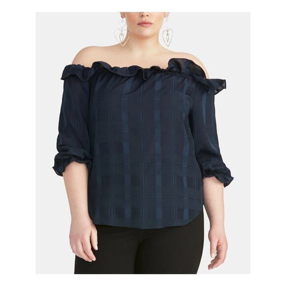 RACHEL Rachel Roy Blue Ruffled Off Shoulder 3/4 Sleeve Wear To Work Top Size 0X - Picture 1 of 6